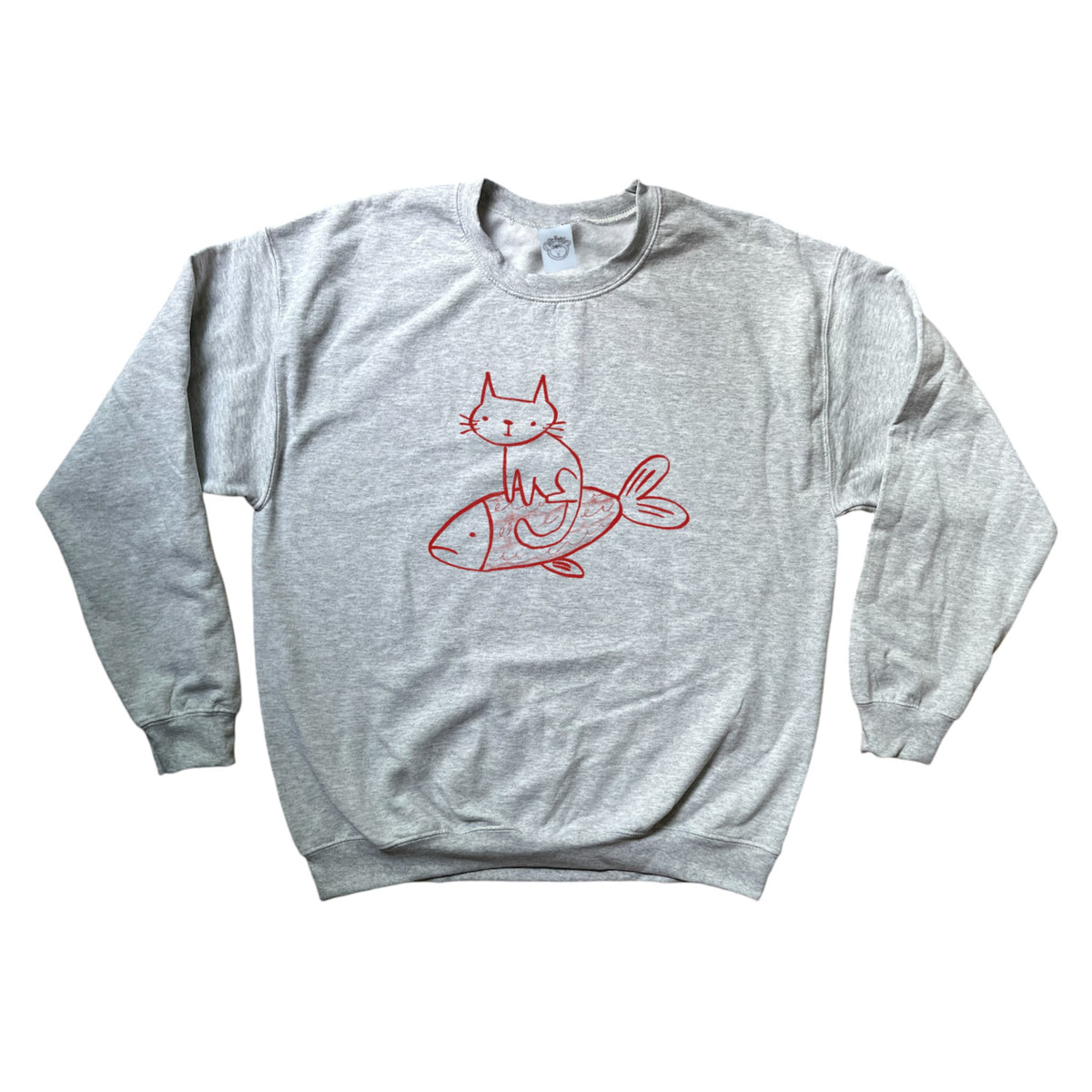 Cat on a fish grey sweatshirt