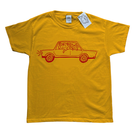 Red on yellow critter road trip tee