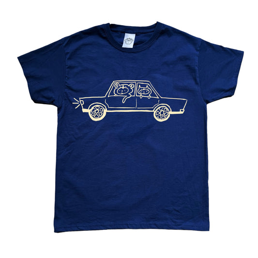 Beige on navy critter road trip tee