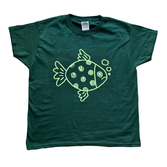 Polka dot fishy light green on forest green Tee