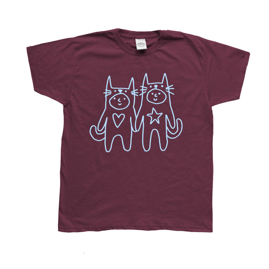 Two critters in love light blue on burgundy Tee