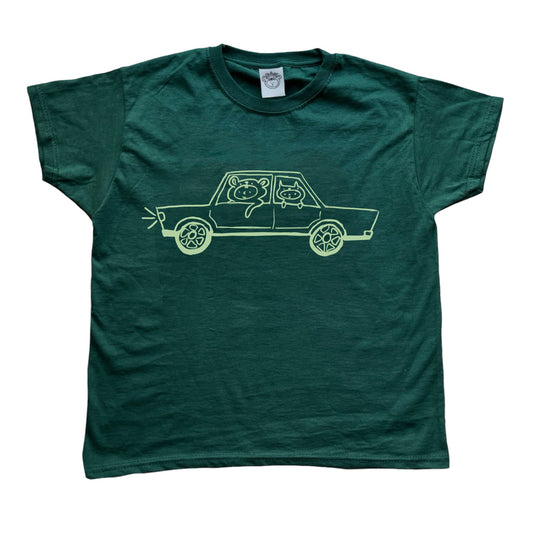 Light green on forest green critter road trip tee