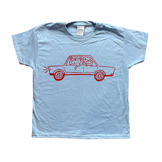 Red on baby blue critter road trip tee