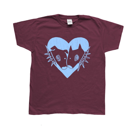2 dogs in love light blue on burgundy Tee