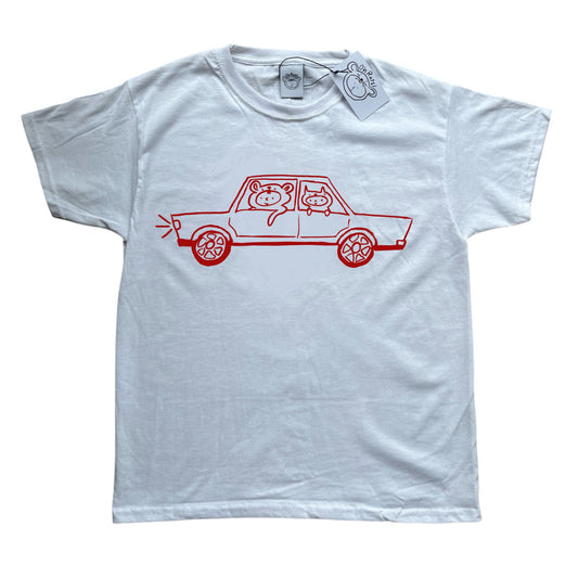 Red on white critter road trip tee