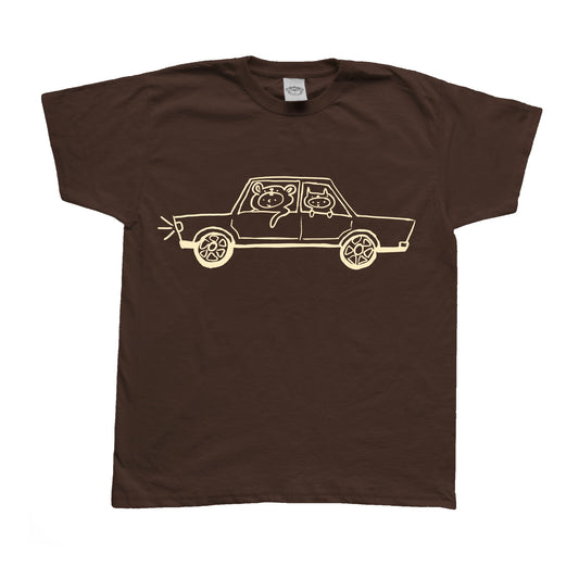 Beige on brown critter road trip tee