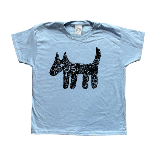 Scruffy bow dog black on baby blue tee