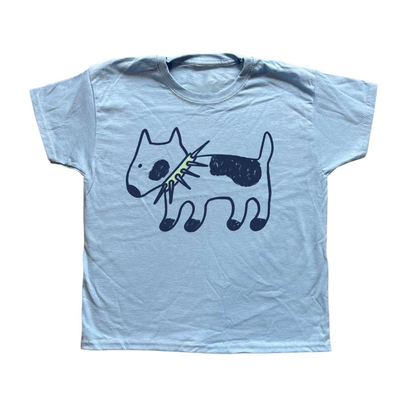 Spiky collar navy dog on baby blue tee