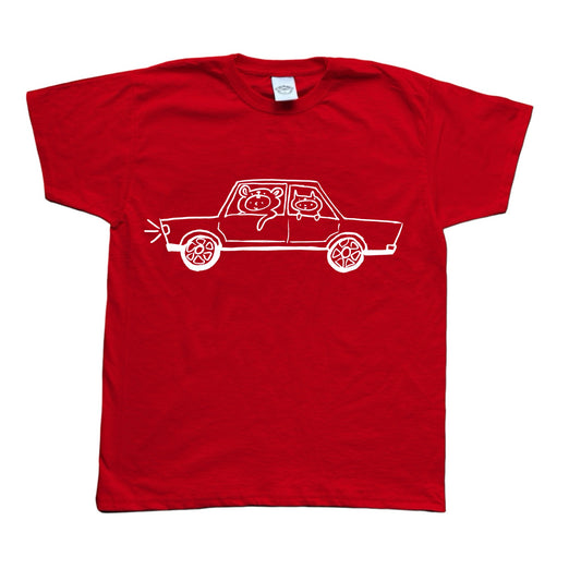 White on red critter road trip tee