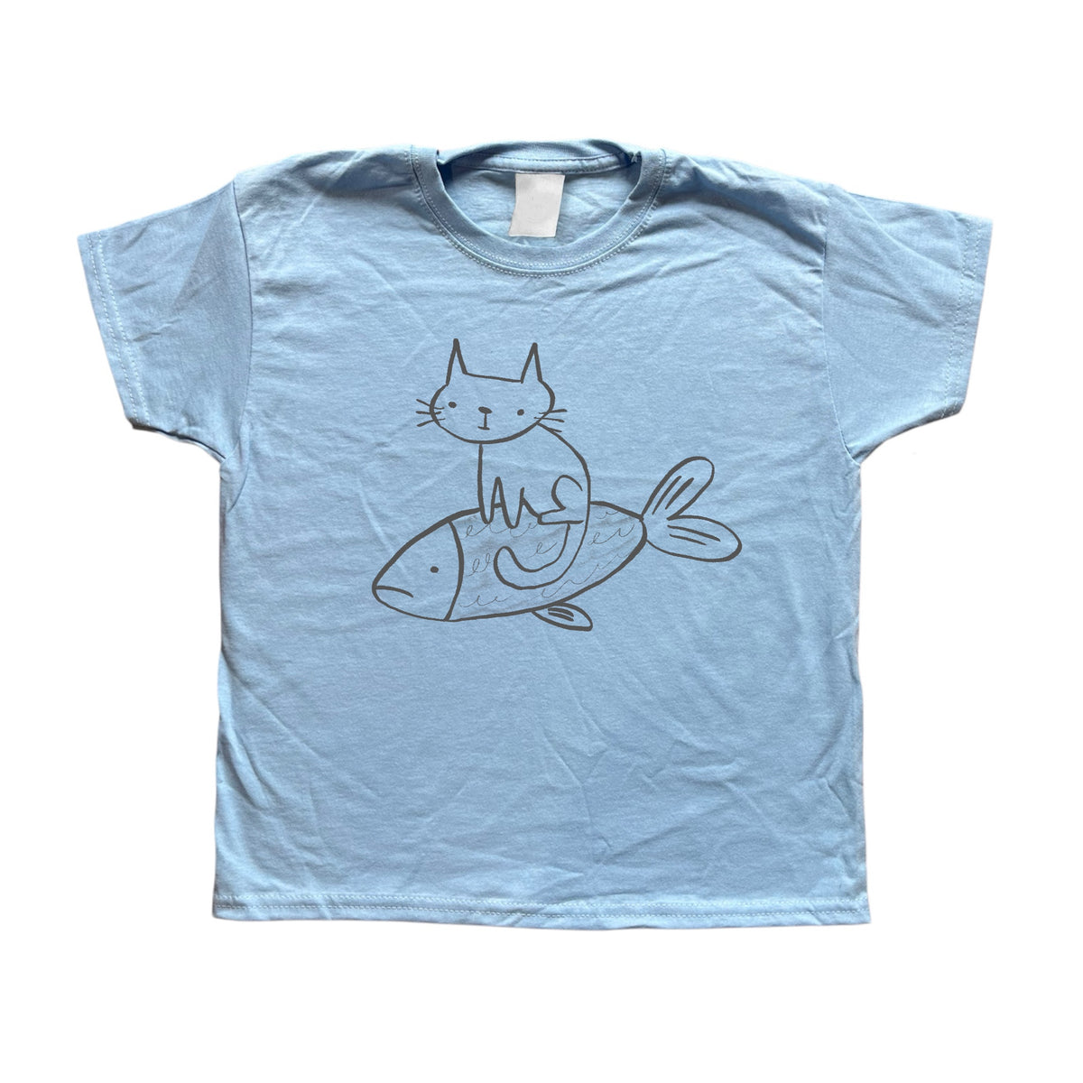 Cat on a fish light blue baby tee