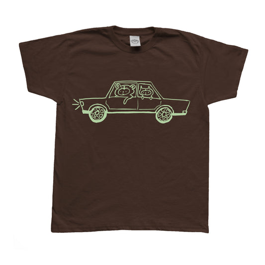Light green on brown critter road trip tee