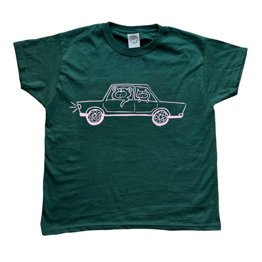 Pink on forest green critter road trip tee