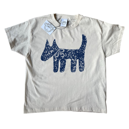 Scruffy bow dog navy on beige tee