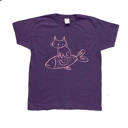 Cat on a fish purple baby tee