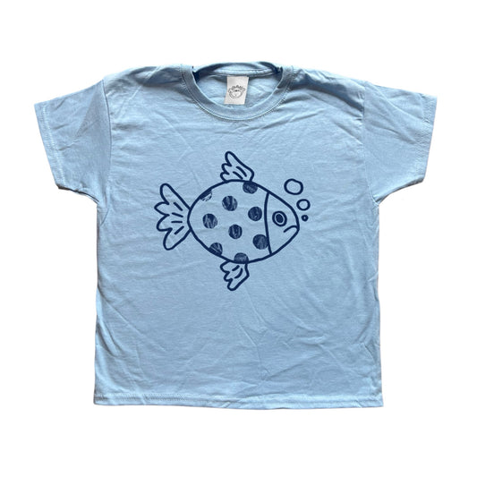 Polka dot fishy navy on baby blue Tee