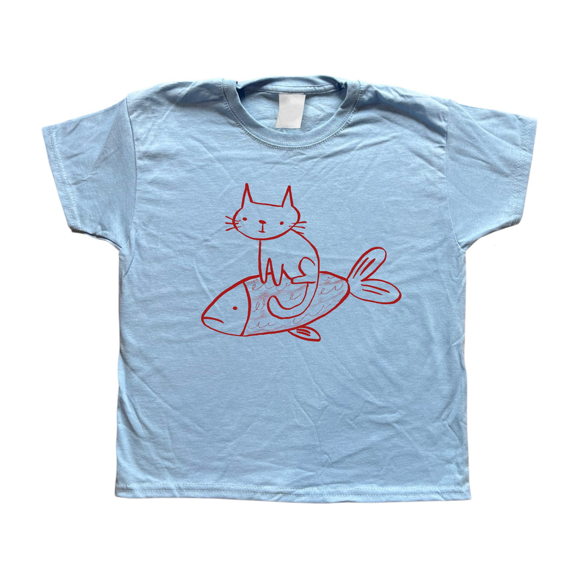 Cat on a fish light blue baby tee