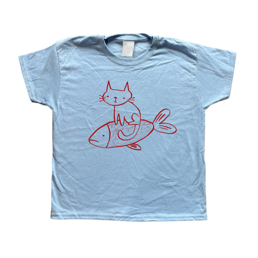 Cat on a fish light blue baby tee