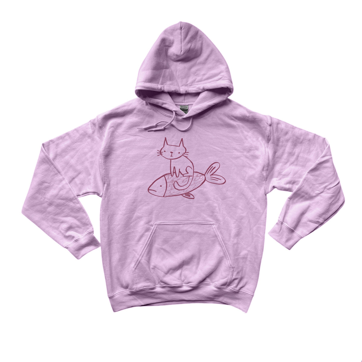 Cat on a fish pink hoodie