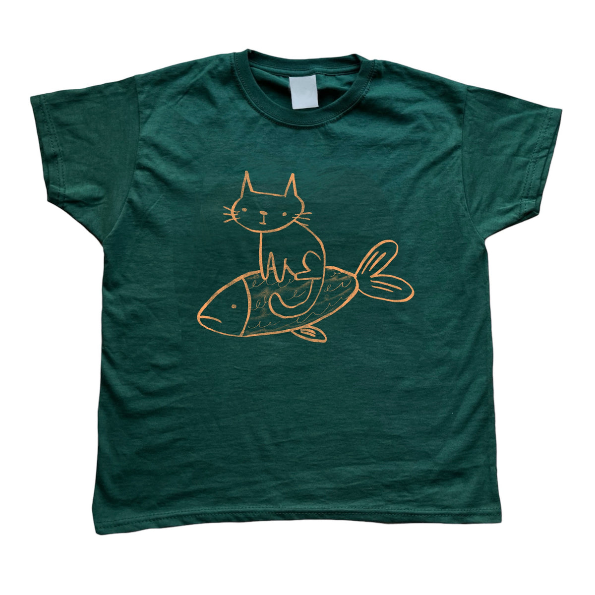 Cat on a fish forest green baby tee