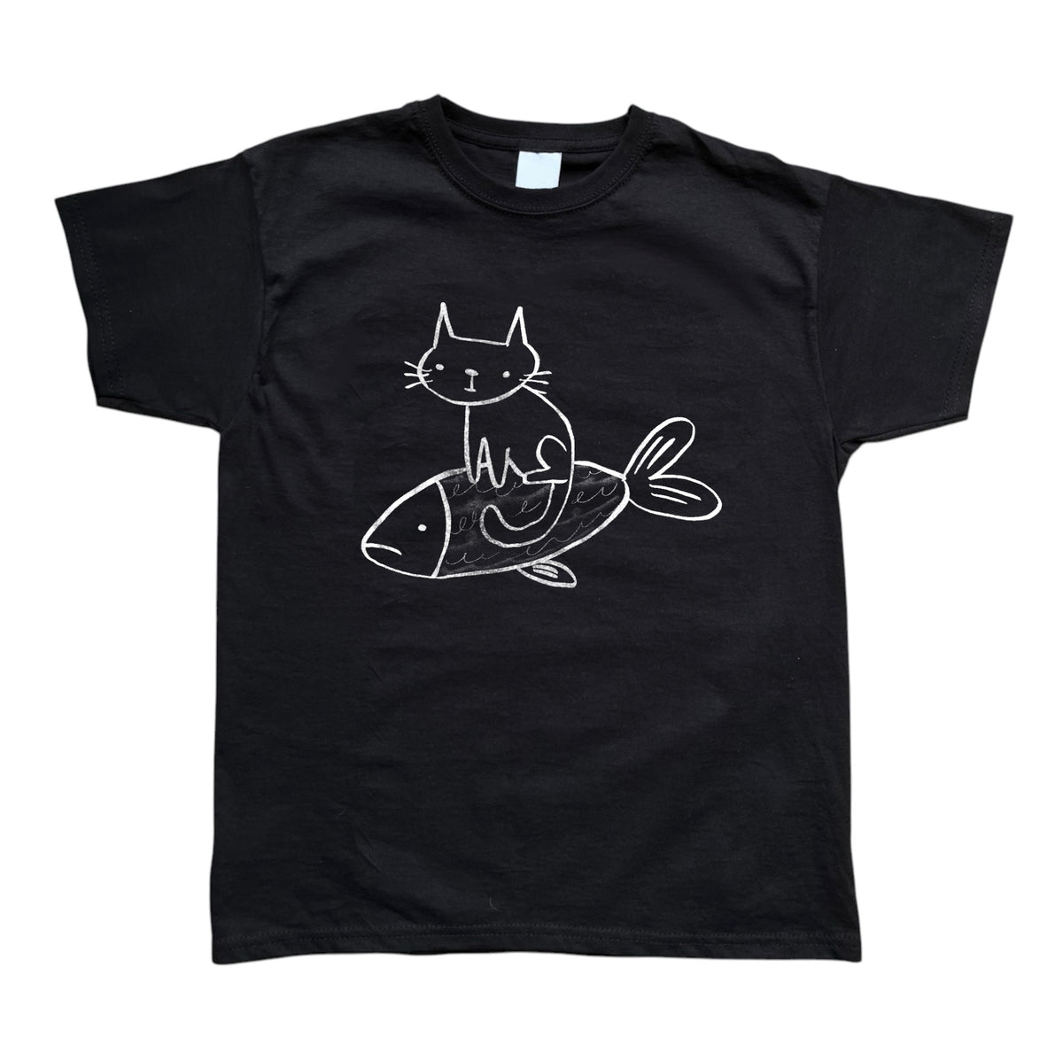 Cat on a fish black baby tee