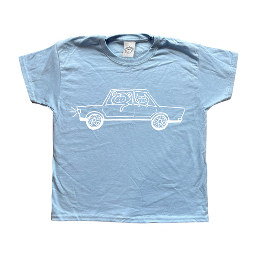 White on baby blue critter road trip tee