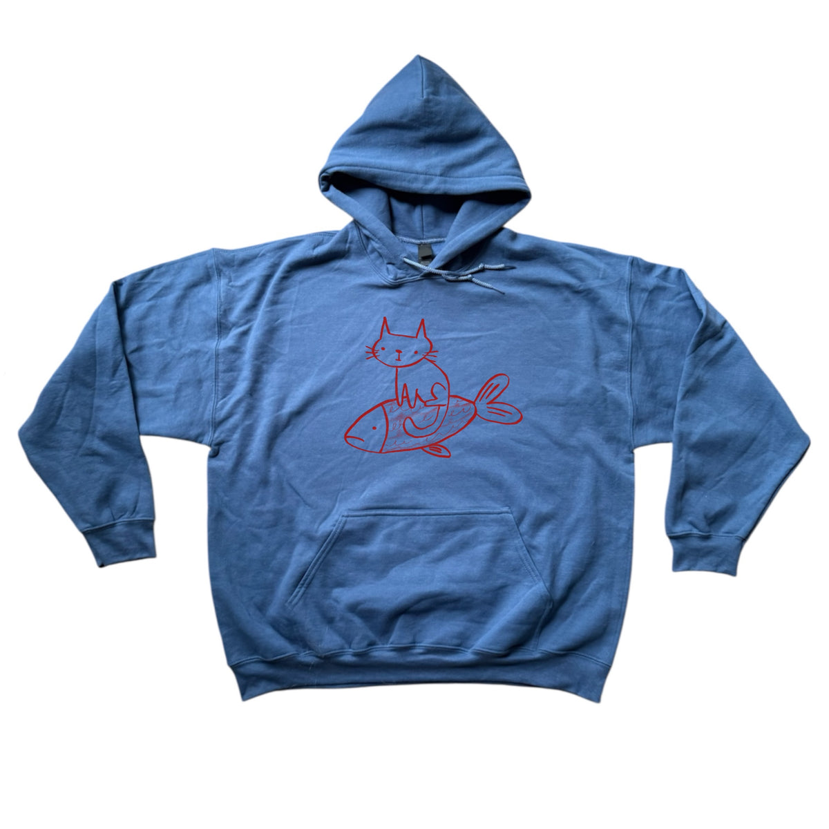 Cat on a fish indigo hoodie