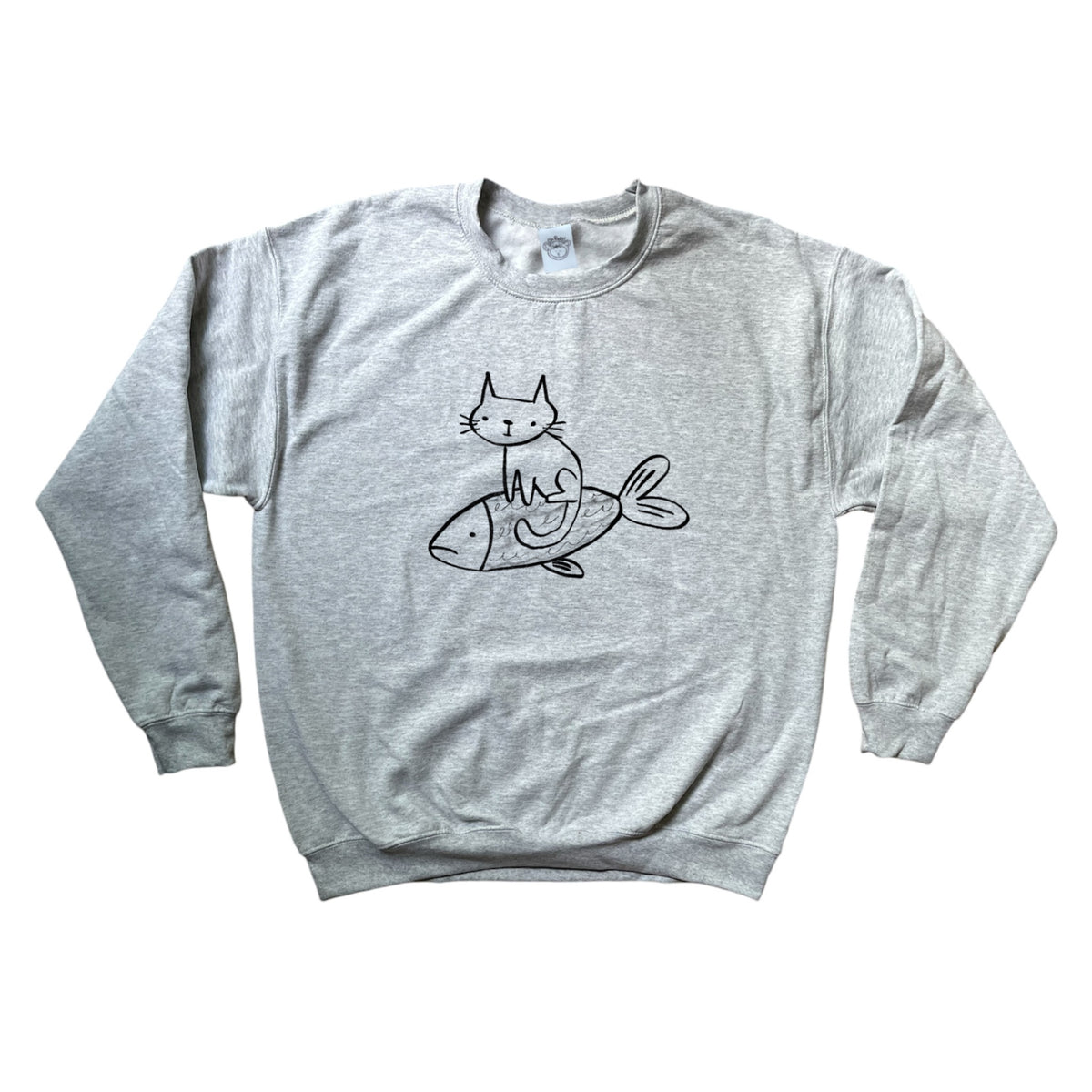Cat on a fish grey sweatshirt