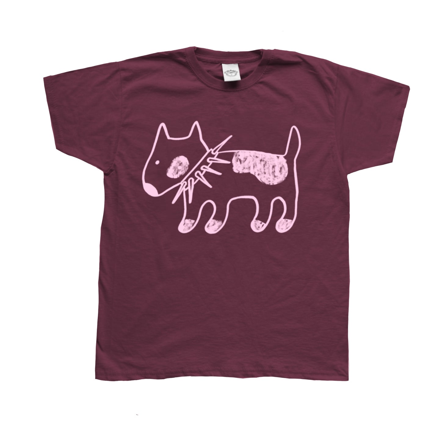 Spiky collar dog on burgundy tee
