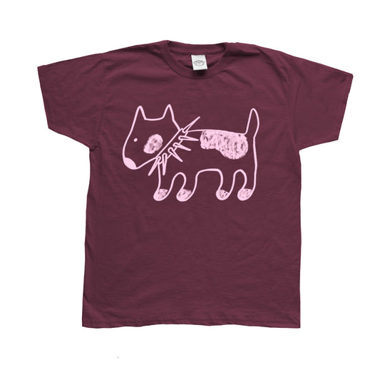 Spiky collar dog on burgundy tee