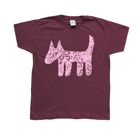 Scruffy bow dog pink on burgundy tee
