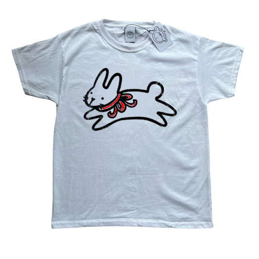 Red bow bunny black on white tee