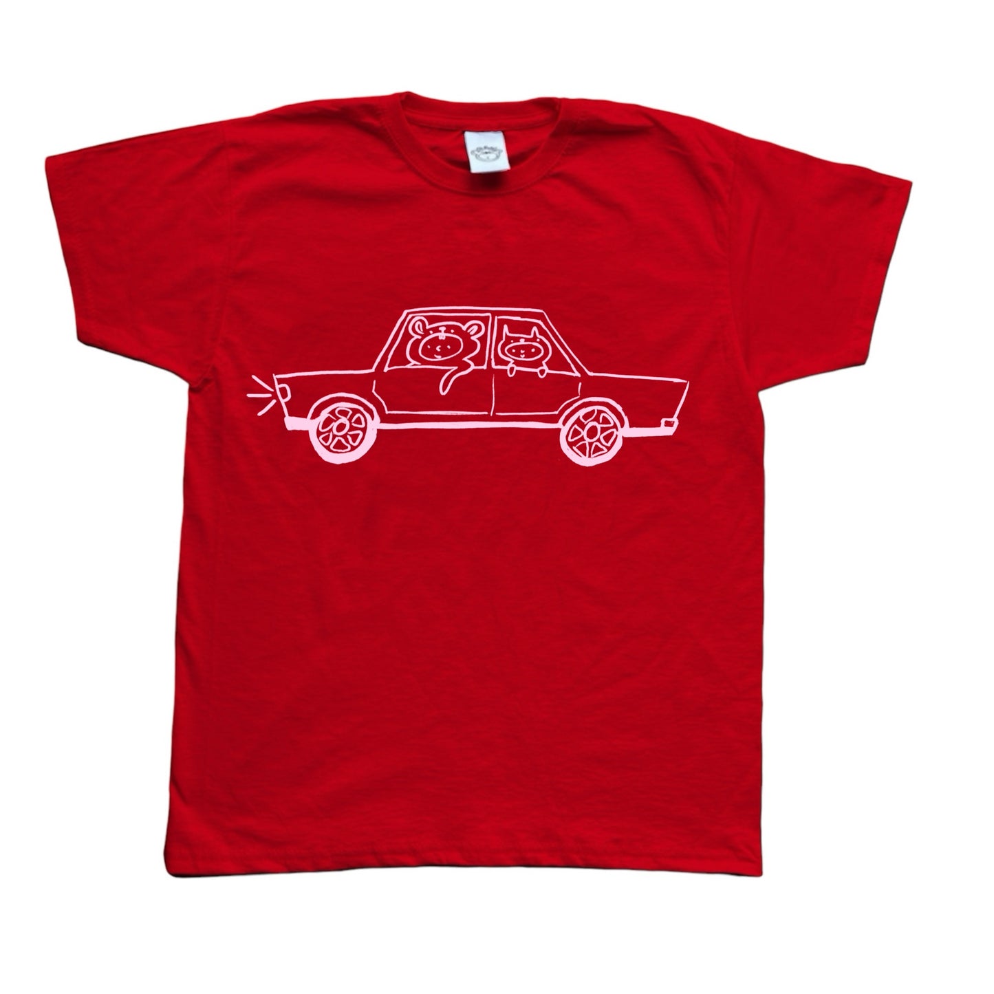 Pink on red critter road trip tee