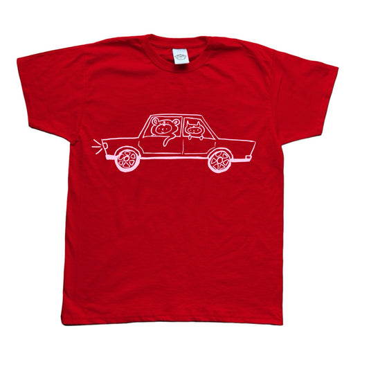 Pink on red critter road trip tee