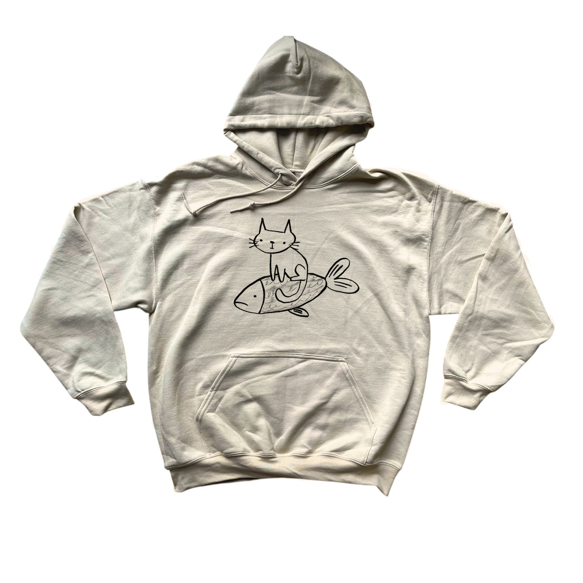 Cat on a fish beige hoodie