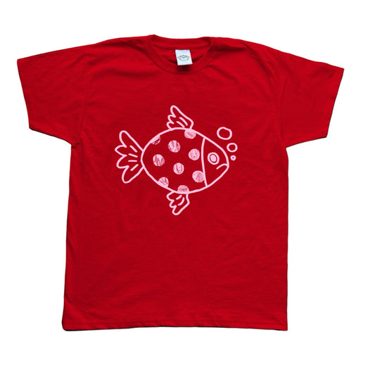 Polka dot fishy pink on red Tee