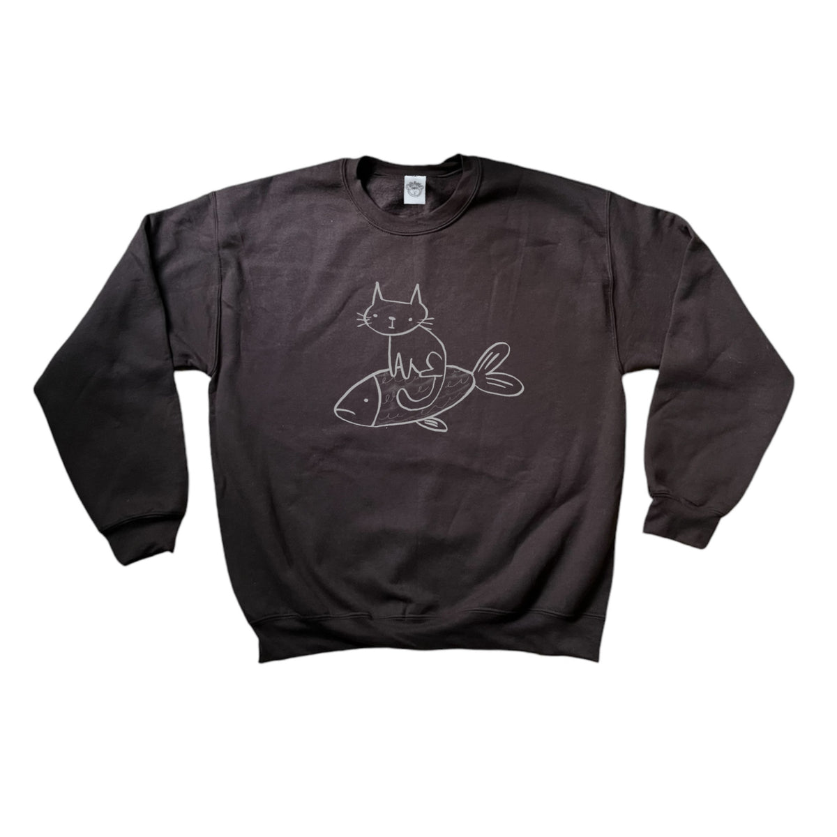 Cat on a fish brown sweatshirt