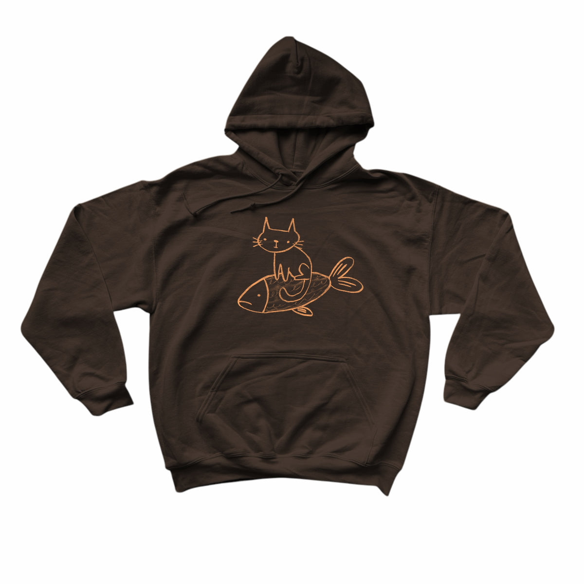 Cat on a fish brown hoodie