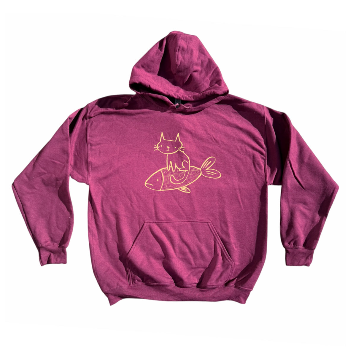 Cat on a fish burgundy hoodie