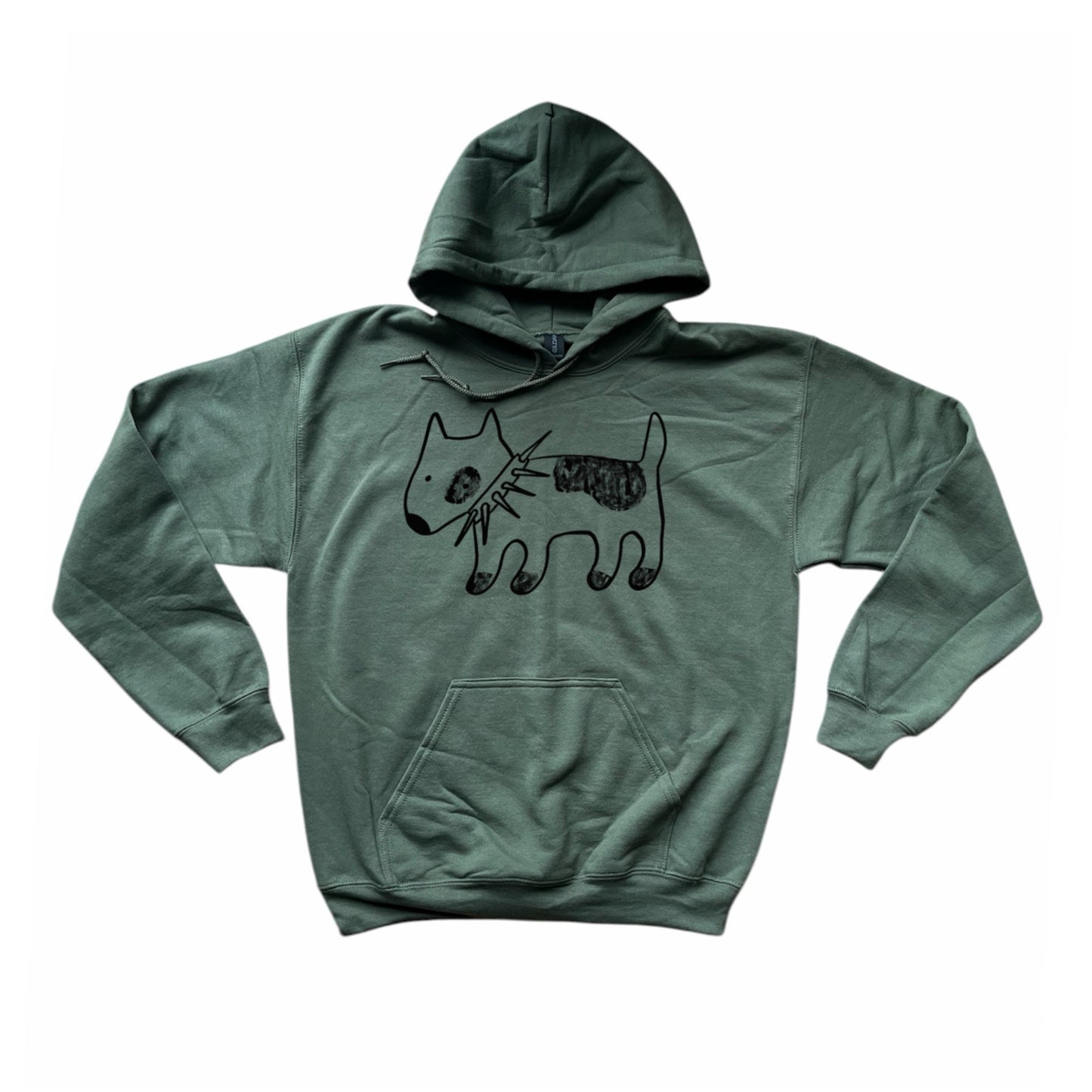 Spiky collar dog black on khaki hoodie