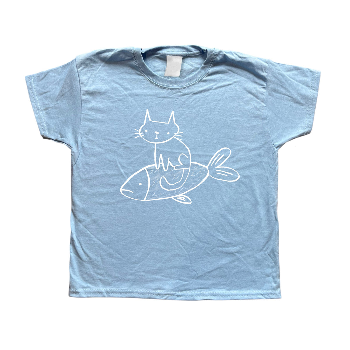 Cat on a fish light blue baby tee