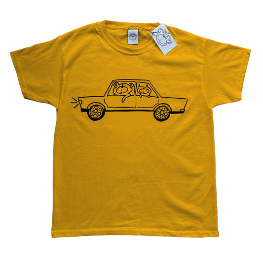 Black on yellow critter road trip tee