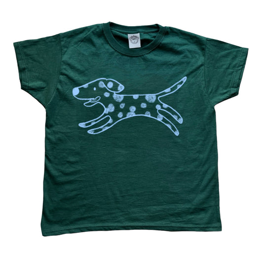 Polka dot dalmatian light blue on forest green Tee