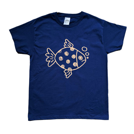 Polka dot fishy beige on navy Tee