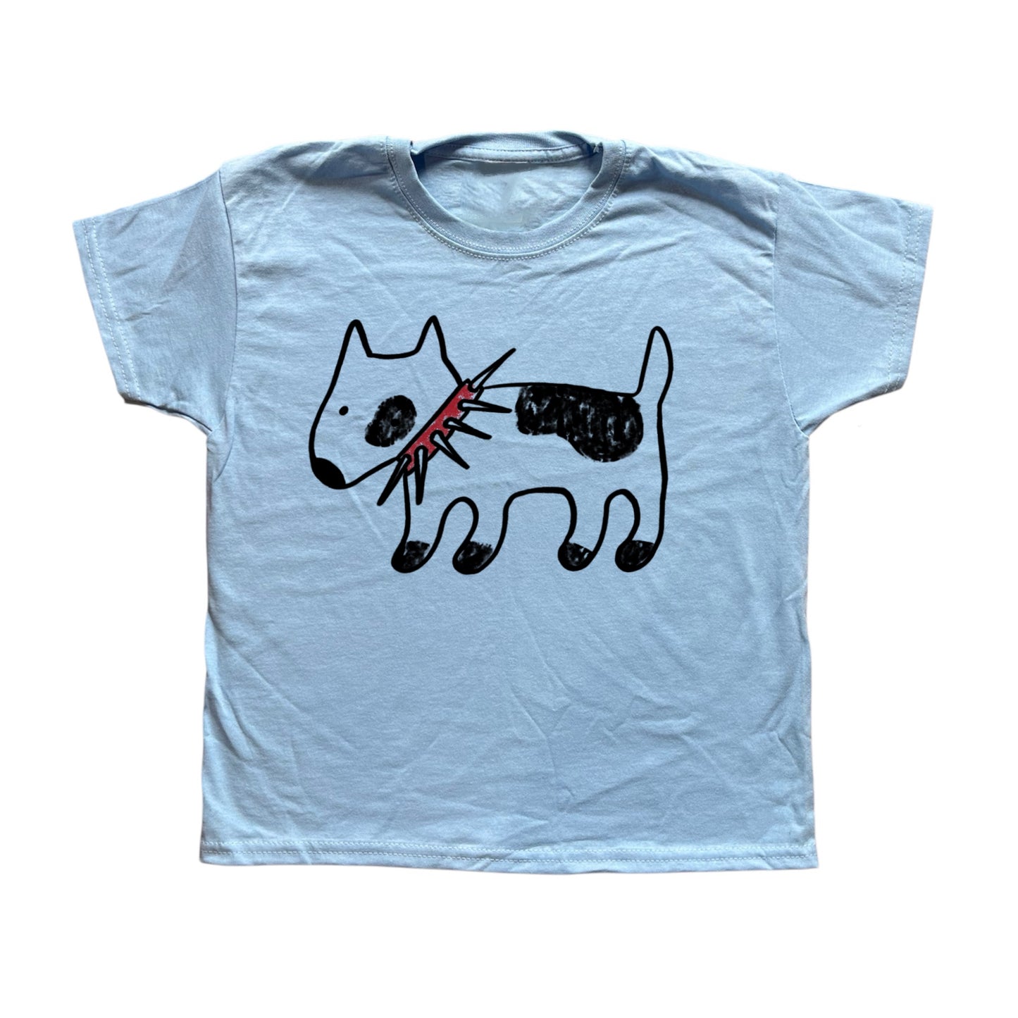 Spiky collar black dog on baby blue tee