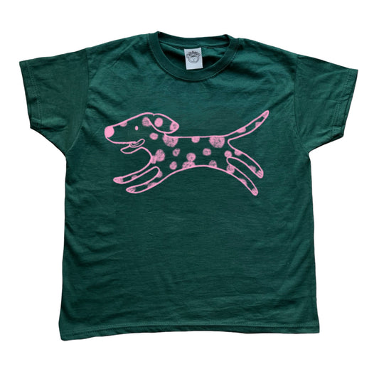 Polka dot dalmatian pink on forest green Tee