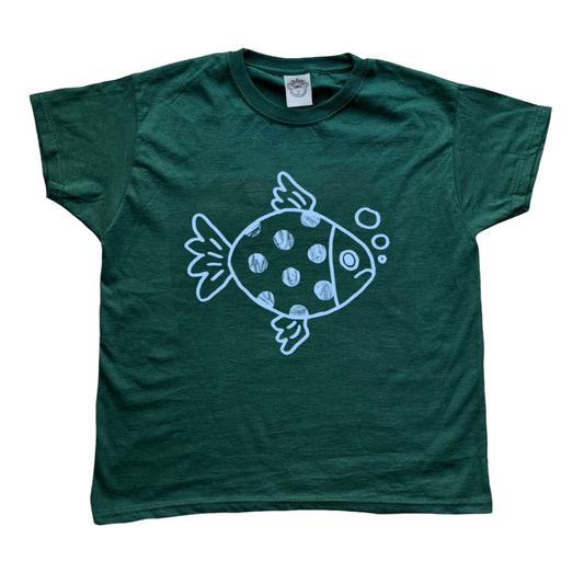 Polka dot fishy light blue on forest green Tee