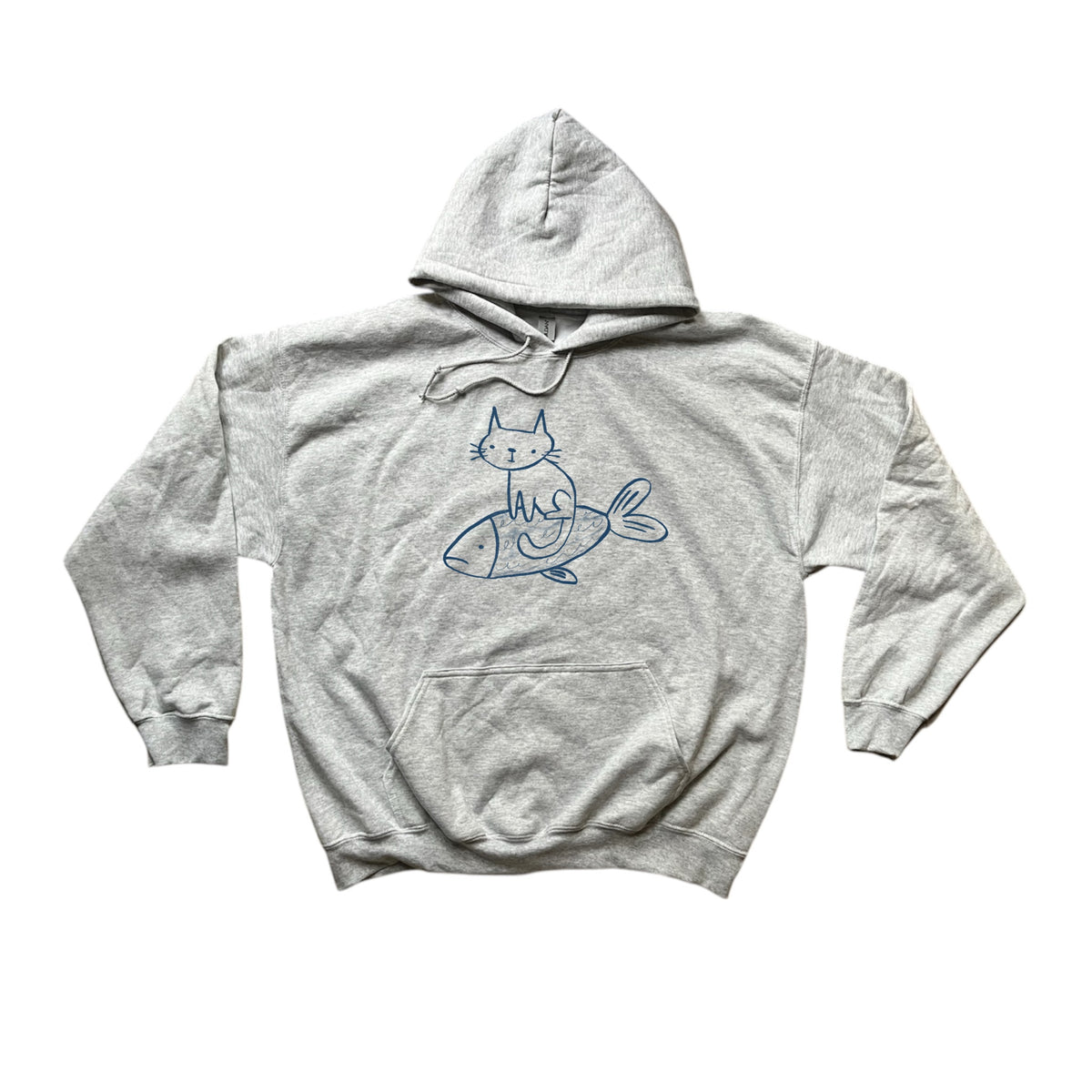 Cat on a fish grey hoodie