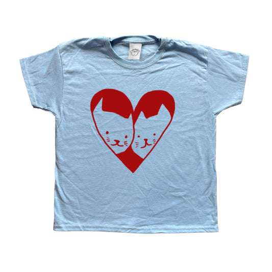 2 Cats in Love red on baby blue Tee