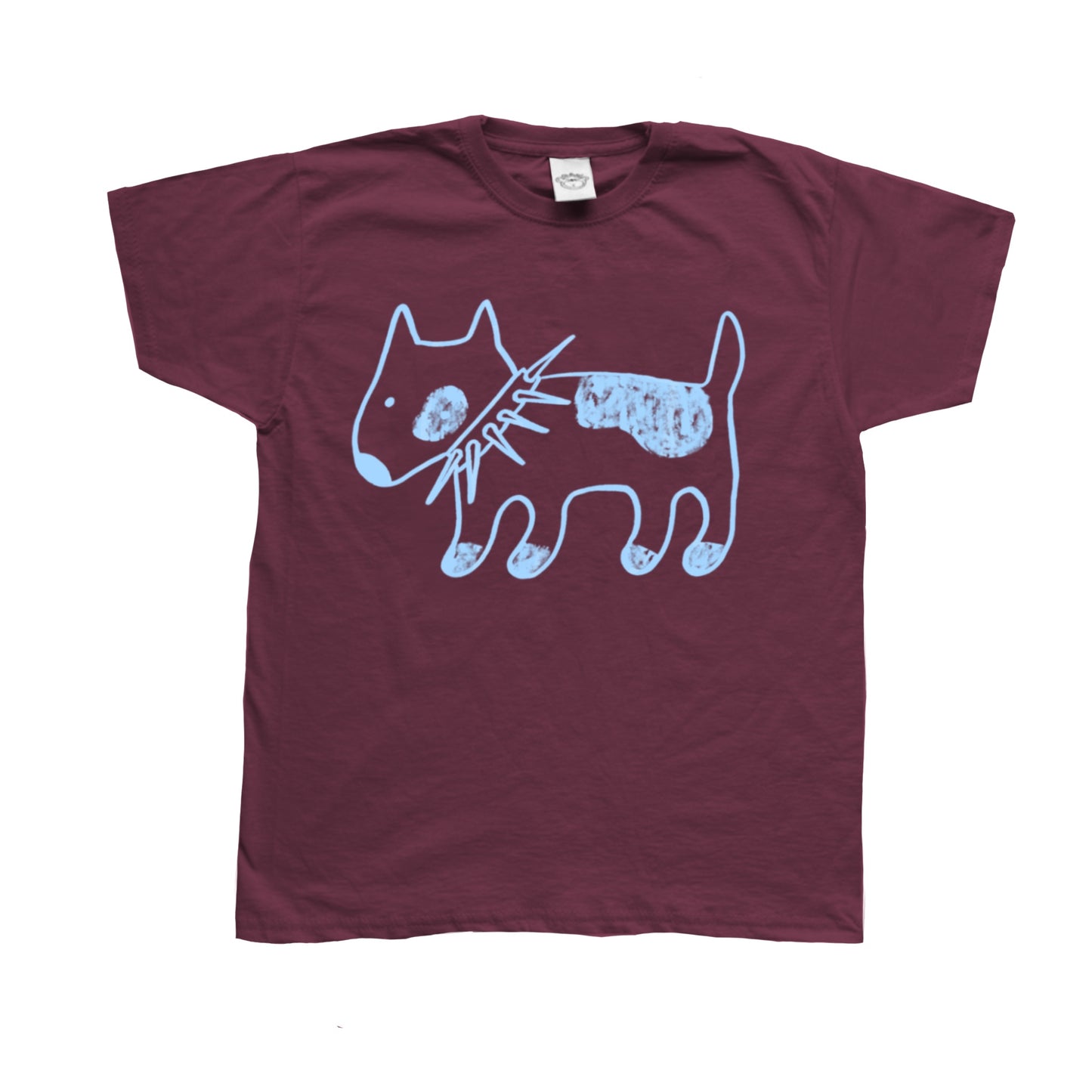 Spiky collar dog on burgundy tee