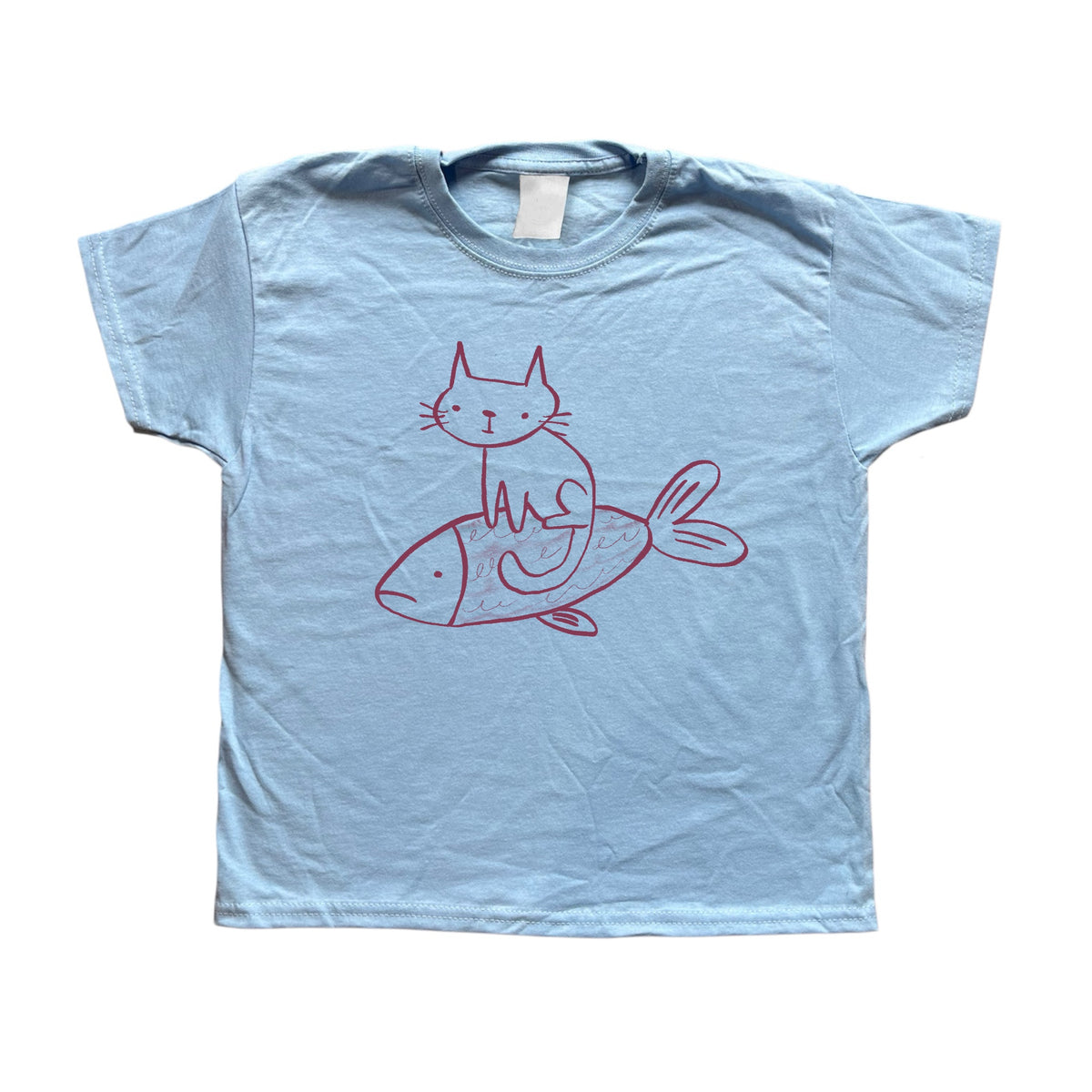 Cat on a fish light blue baby tee